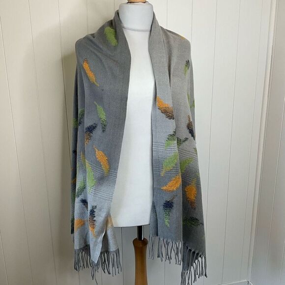 Crois Ios Womens Fall Leaves Autumn Scarf Wrap Gray Gold Brown Fringe 27x72 - Picture 7 of 12